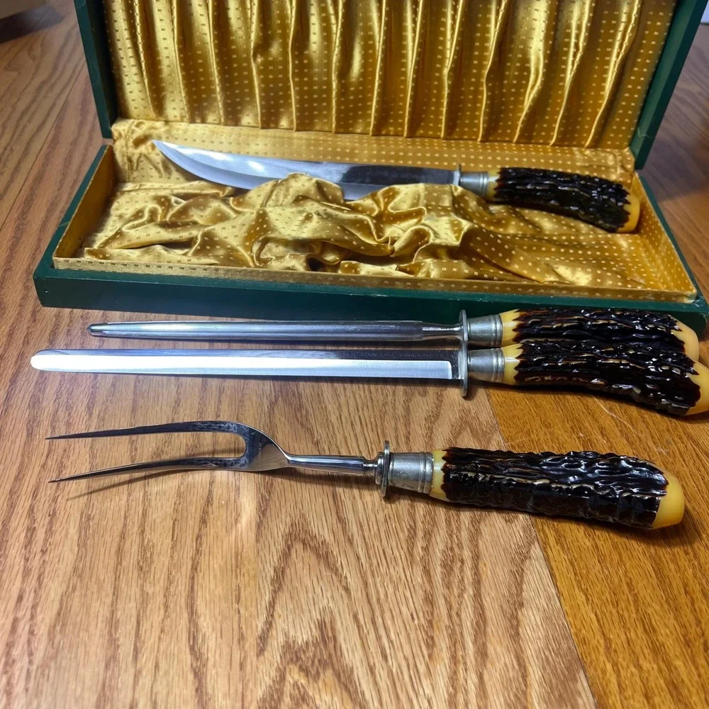 VTG Flint Stainless Vanadium USA Carving Set Faux Stag Handles Sharpener w case